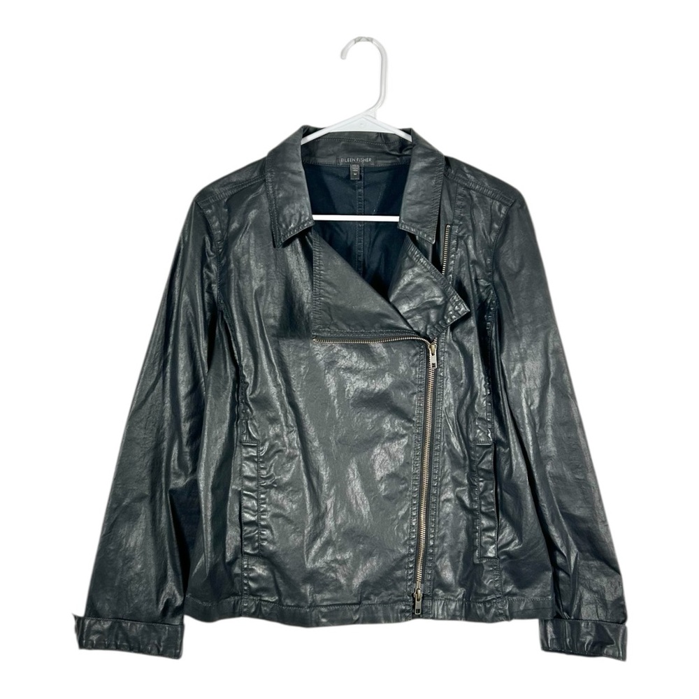 Eileen Fisher‎ Black Asymmetrical Zip Wax Cotton Moto Jacket